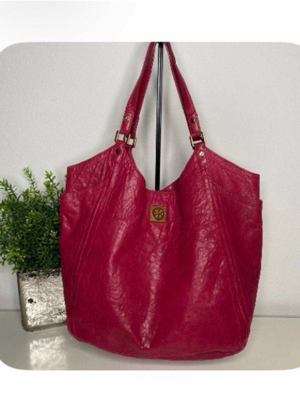Tory Burch Pink Leather Shoulder Tote with Gold Logo